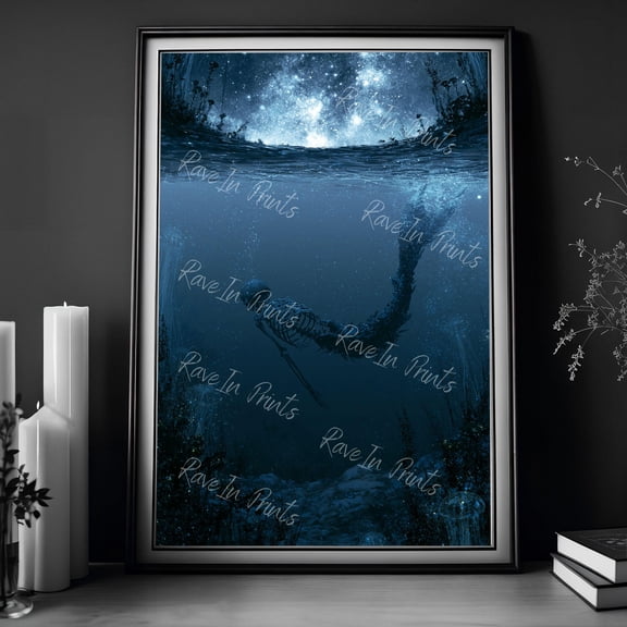 Skeleton Mermaid In The Water Spooky Gothic Eclectic Edgy Art Horror Prints Siren Painting