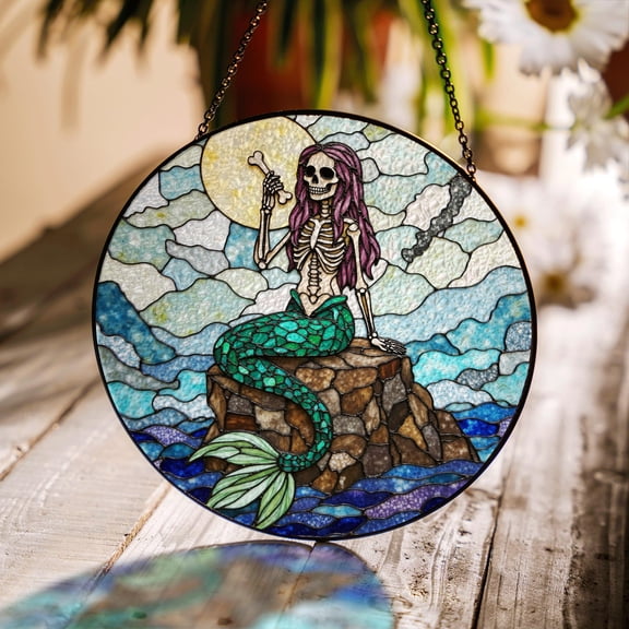 Skeleton Mermaid Moonlight Stained Glass Suncatcher, Dark Fantasy Window Decor, Unique Halloween Gift for Gothic Friends
