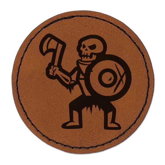 Skeleton Monster Warrior Fighter Fantasy Axe Round Iron-On Engraved Faux Leather Patch Applique - 2.5 Inch - Brown