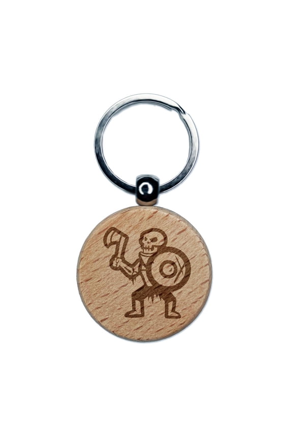 Skeleton Monster Warrior Fighter Fantasy Axe Round Keychain Charm Tag - Engraved Wood