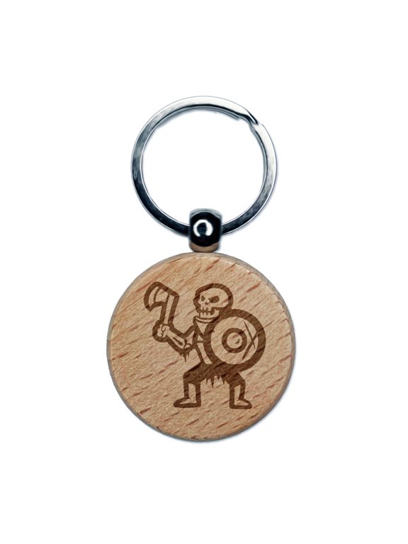 Skeleton Monster Warrior Fighter Fantasy Axe Round Keychain Charm Tag - Engraved Wood
