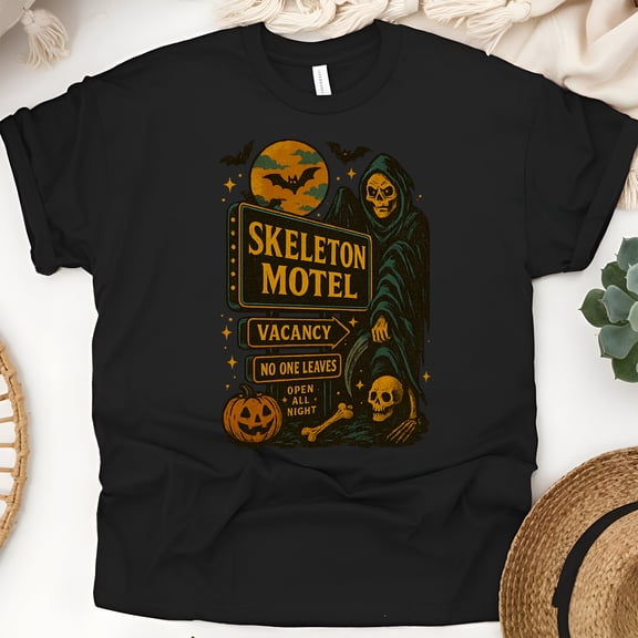 Skeleton Motel Halloween Shirt with Grim Reaper Graphic Tee, Black, Size 3XL