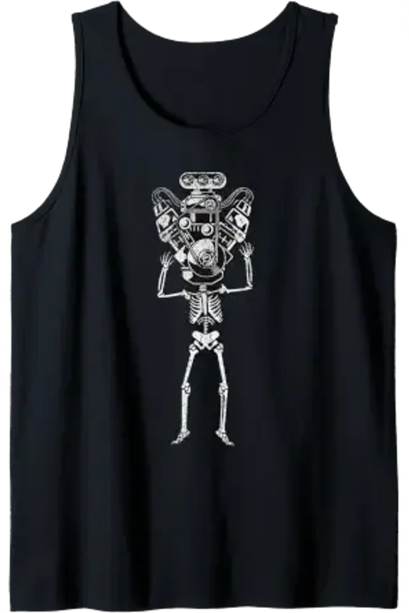 Skeleton Motor Head Hot Rod Mechanic Car Lover Skull Racer Tank Top Size S-3XL