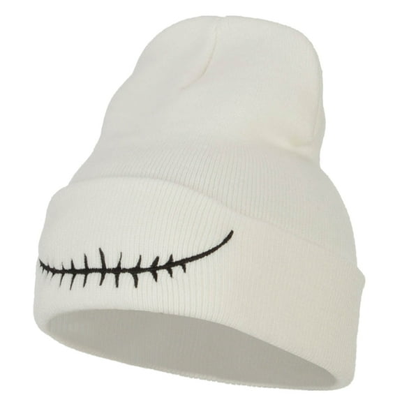 Skeleton Mouth Embroidered Long Beanie - White OSFM