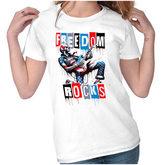 Skeleton Musician Freedom Rocks Womens Slim Fit Graphic Tee Brisco Brands S
