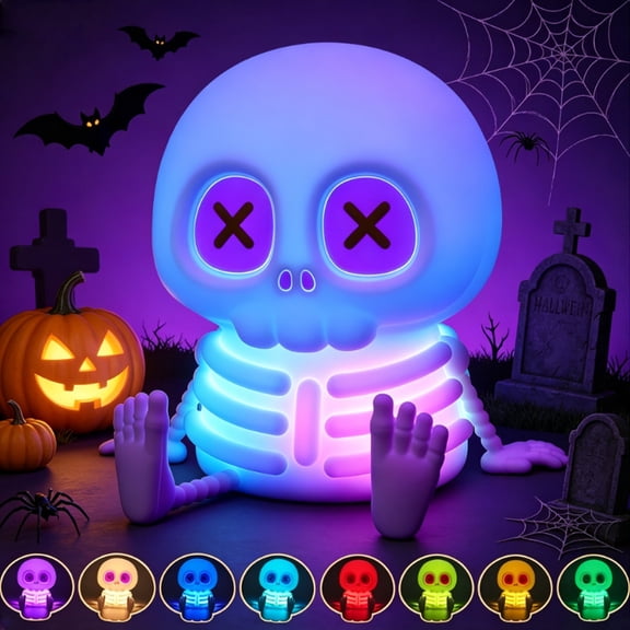 Skeleton Night Light, Silicone Skull Lamp with Touch Control, 8 Colors & 2-Level Adjustable Warm Light, 1200mAh for Home Party Halloween Decor, Gift for Christmas Birthday (Multicolor)
