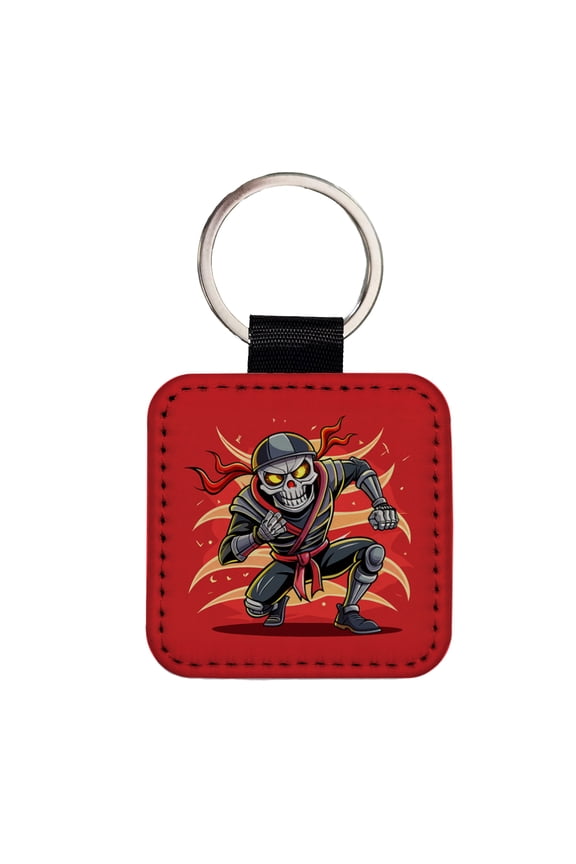 Skeleton Ninja Fighting Warrior Faux Leather Square Keychain
