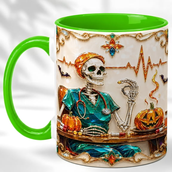 Skeleton Nurse Coffee Mug, Halloween Medical Mug, Ceramic 11 oz
