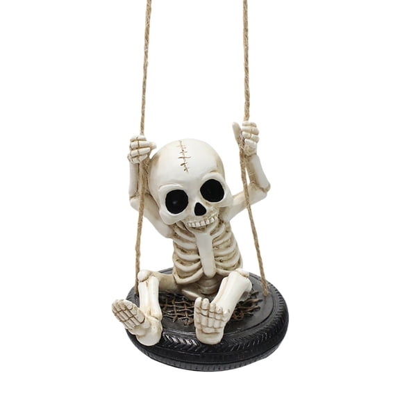Skeleton On A Tire Swing Hanging Decoration Car Rear View Mirror Ornament Halloween Spooky Swinging Skull Pendant for Vehicle Interior
