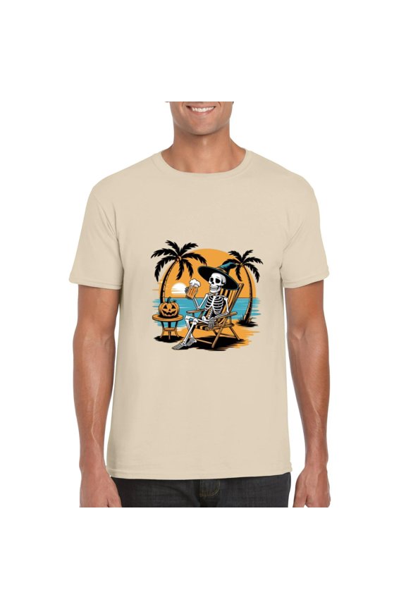 Skeleton On The Beach Halloween Sunset Summerween Vibes Unisex T-Shirt