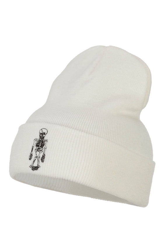 Skeleton Outline Embroidered Long Beanie - White OSFM
