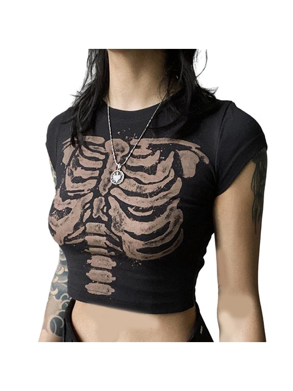 Skeleton Pattern Print Lounge Short Sleeve Top Elastic Waist Bodycon Short Cropped Shirts Round Neck T-shirt