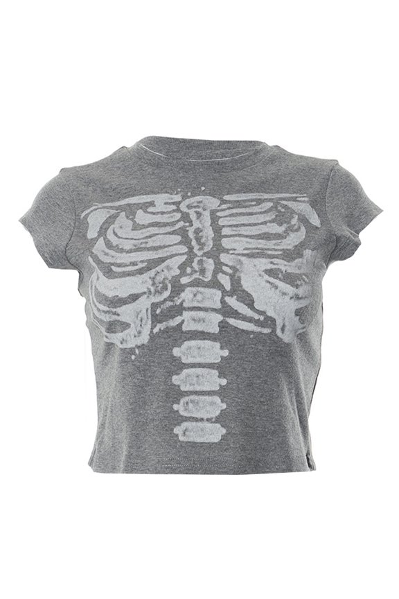 Skeleton Pattern Printing Shirt Short-sleeved T-shirt Women Daily Wearing Clothing Bodycon Round Neck Cropped Short Top