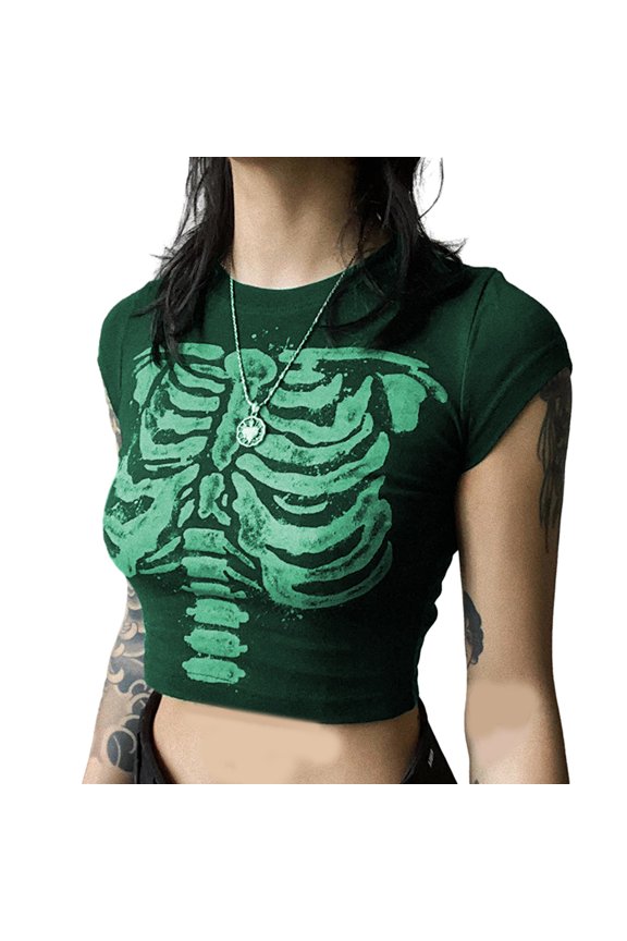Skeleton Pattern Printing Shirt Short-sleeved T-shirt Women Daily Wearing Clothing Bodycon Round Neck Cropped Short Top