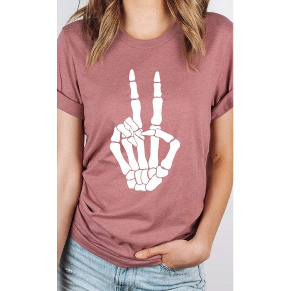 Skeleton Peace Sign Graphic Tee T-Shirt