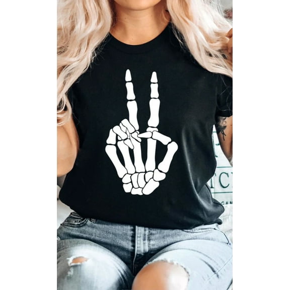 Skeleton Peace Sign Graphic Tee T-Shirt
