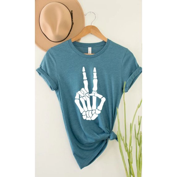 Skeleton Peace Sign Graphic Tee T-Shirt