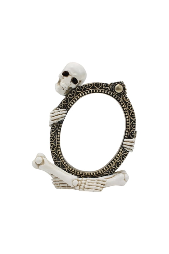 Skeleton Picture Frame, Gothic Skull Photo Holder, Halloween Horror Decor, Unique Resin Tabletop Ornament for Home, Office, Party, Spooky Gift, 4x6 Inch Oval Display