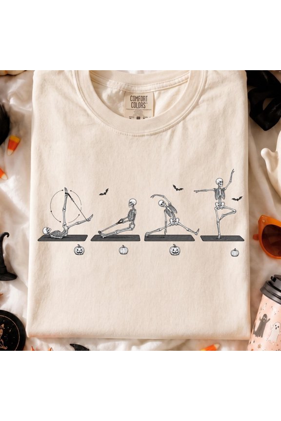 Skeleton Pilates Yoga Shirt, Halloween Skeleton Stretching Tee, Funny Fall Workout Shirt, Spooky Season Yoga Gift