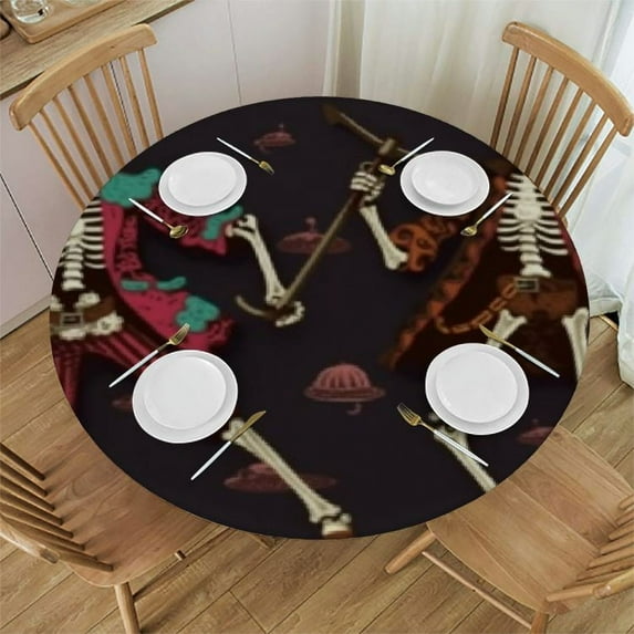 Skeleton Pirate Round Tablecloths Table Covers with Elastic Polyester Fitted Tablecloth Circular Table Cloths for Indoor Outdoor