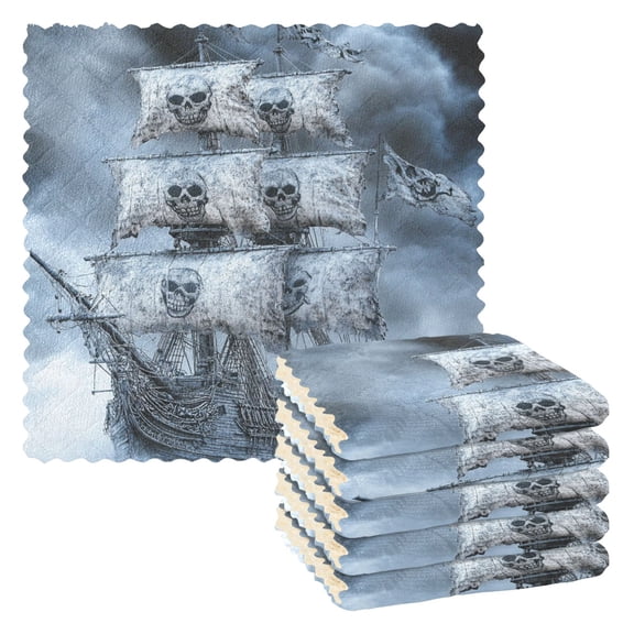 Skeleton Pirate Ship Kitchen Cloth Dish Towels for Drying Washing Absorbent Dish Rags 6 Pack