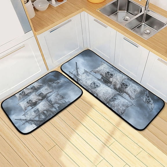 Skeleton Pirate Ship Kitchen Mat Set of 2 Cushioned Non Slip Rugs for Bedroom Floor Runner Mats