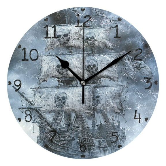 Skeleton Pirate Ship Round Wall Clock Silent Battery Operated Home Decor for Living Room Bedroom