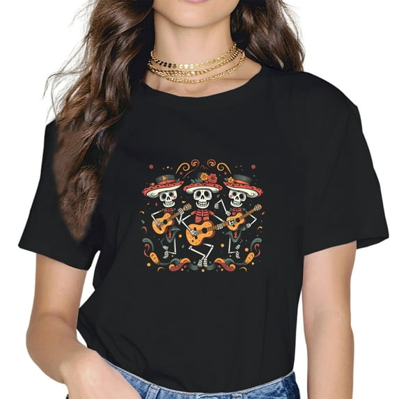 Skeleton Playing Guitar Day of the Dead Women T-Shirt