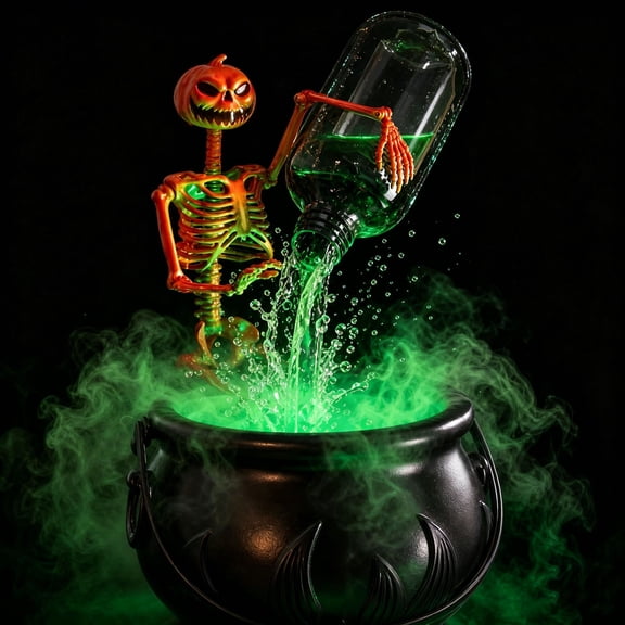 Skeleton Potion Fountain, Flowing Water Desk Light, Halloween Magic Decoration for Office, LED Waterfall Lamp, Gothic Apothecary Desk Decor