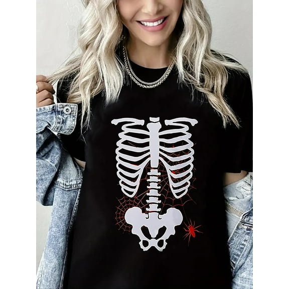 Skeleton Print Halloween Spooky Season Short Sleeve Shirt for Women