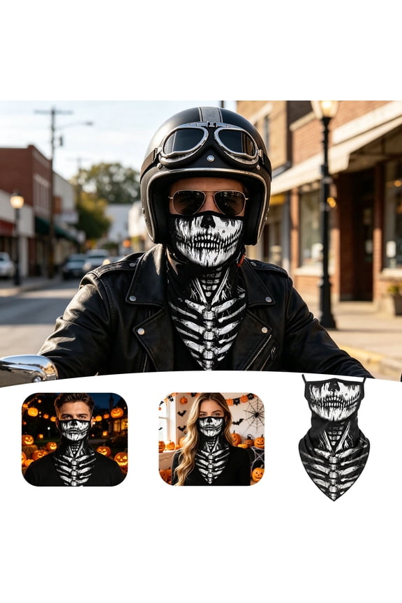 Skeleton Print Polyester Cycling Face Mask Windproof UV Sun Protection Neck Gaiter Reusable Breathable Ear Loop Balaclava for Motorcycle Hiking Outdoor Sports Black