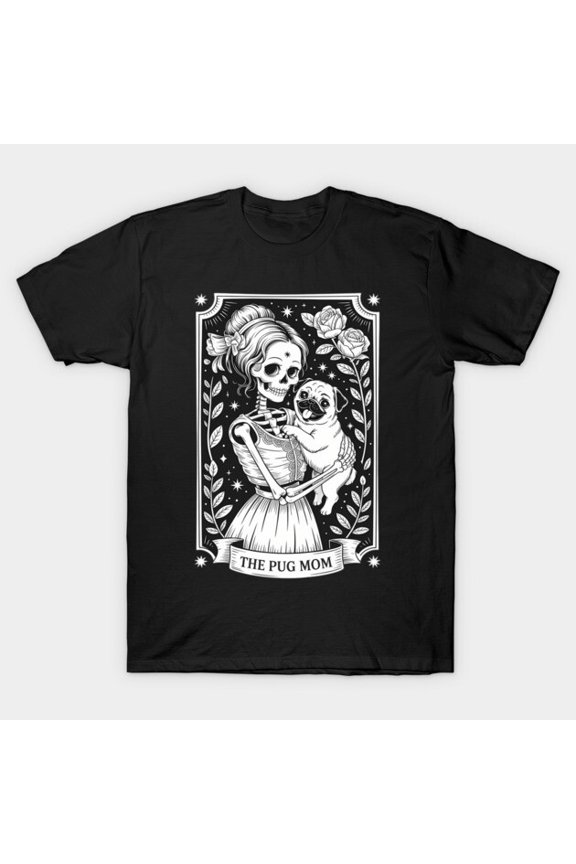 Skeleton Pug Mom Tarot Card Funny Witchy Vibes Pug Lover Halloween G2218 T-Shirt, for men and women, Up to Size 5XL