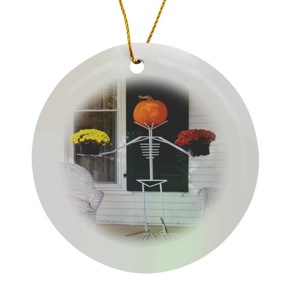 3drose, Skeleton, Pumpkin and Flower Holding Stand, Circle Porcelain Ornament