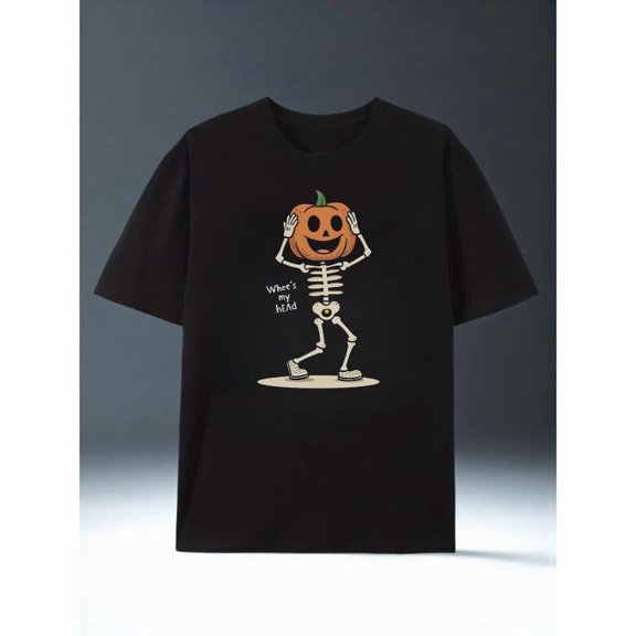 Skeleton Pumpkin Graphic Tee T Shirt Top Wheres My Head Funny Slogan Design Short Sleeve Black S-5XL