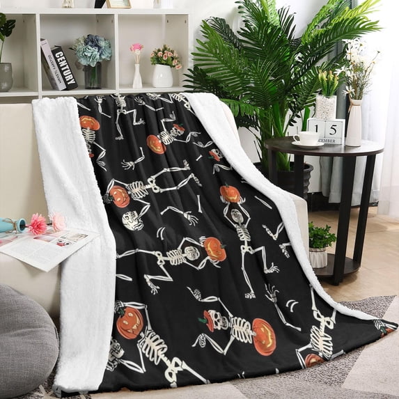 Skeleton Pumpkin Halloween Pattern Blanket,Comfortable Soft Flannel Throw Blanket,All Season,Warm Lightweight Blankets for Sofa Bed Couch Living Room Chair,40"x50"