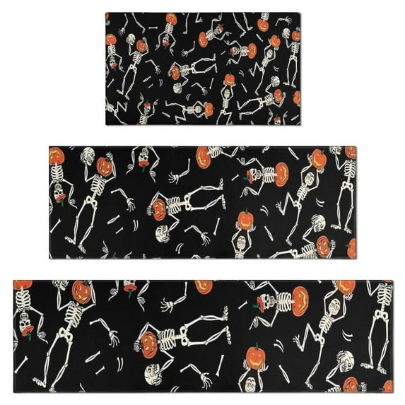 Skeleton Pumpkin Halloween Pattern Kitchen Rugs Sets Of 3,Kitchen Runner Rugs Non Skid Washable,Decorative Kitchen Floor Mats for Kitchen,Sink,Laundry,17"x30"+ 17"x47" + 17"x59"