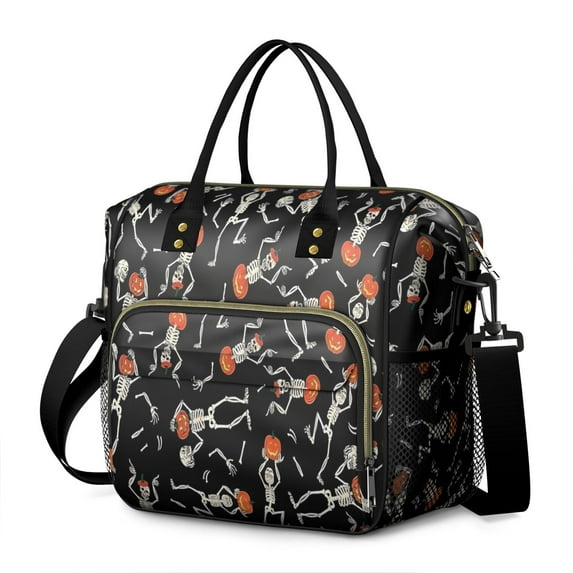 Skeleton Pumpkin Halloween Pattern Womens Lunch Box for Work,Insulated Large Lunch Bag for Tween and Teen,Loncheras Para Mujer,Leakproof Adult Lunch Bag for Work,Beach,Travel,Picnic,Camping