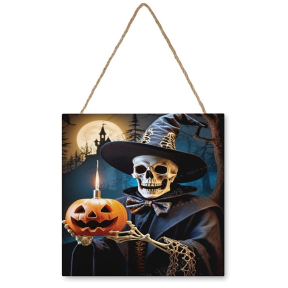 Skeleton With Pumpkin Wooden Hanging Sign Gothic Home Decor Horror Skeleton Wall Decor All Saints' Day Decor Halloween Decoration Halloween Door Sign, Walls Hanging Decor 12"x12"