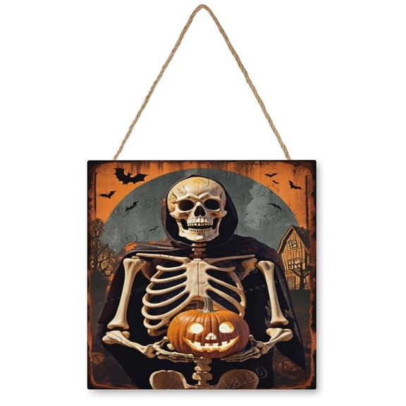 Skeleton With Pumpkin Wooden Hanging Sign Gothic Room Decor Skeleton Wall Art Creepy Scary Picture All Saints' Day Decor Halloween Decoration, Walls Hanging Decor 12"x12"
