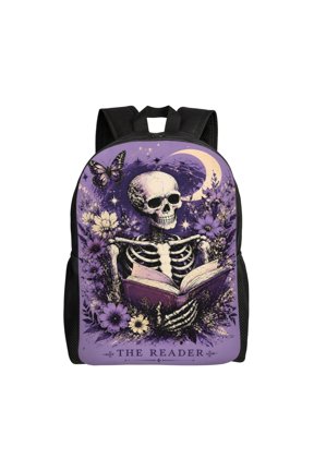 Skeleton Reading Backpack Full Front Print Travel Laptop Bag for Men and Women