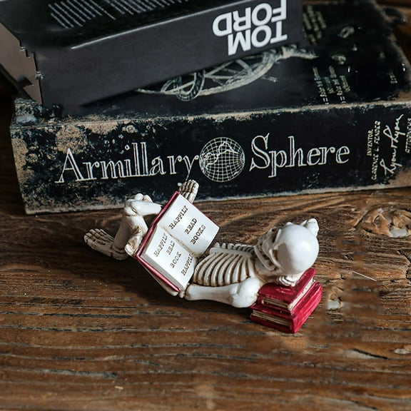 Skeleton Reading a Book Resin Ornament, Personalized Halloween Craft, Spooky Desktop Decoration, Miniature Collectible for Home, Table or Office Display