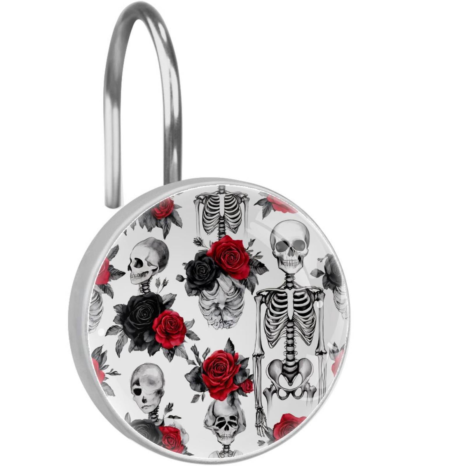 Skeleton Red and Black Roses Shower Curtain Hooks Round Crystal Glass, Set of 12 Shower Curtain Rings - Shower Hooks for Curtain Shower Rings