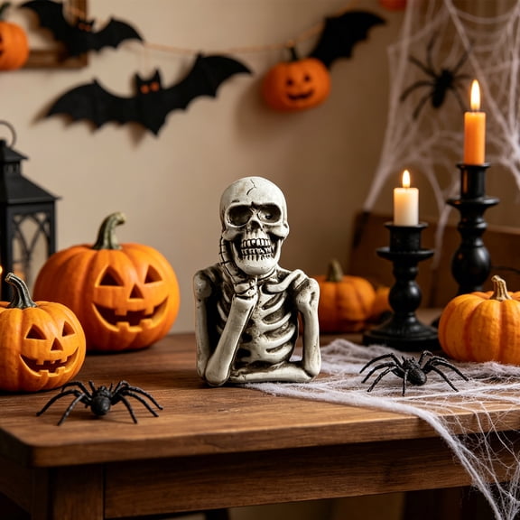 Skeleton Resin Tabletop Statues, Funny Thinking Skull Figurines Spooky Indoor Halloween Party Desk Decor Ornaments