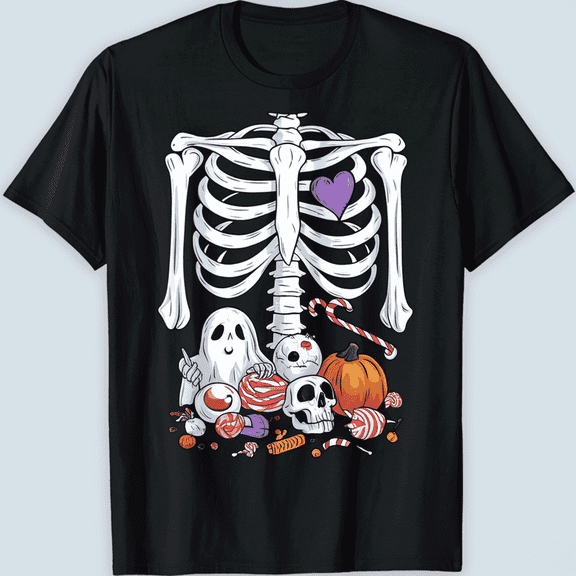 Skeleton Rib Cage Candy Ghost Pumpkin Unisex Graphic Short Sleeve T-Shirt