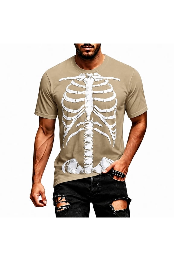 Skeleton Rib Cage Men's Skeleton T-Shirt Halloween Novelty Art Tees Khaki XL