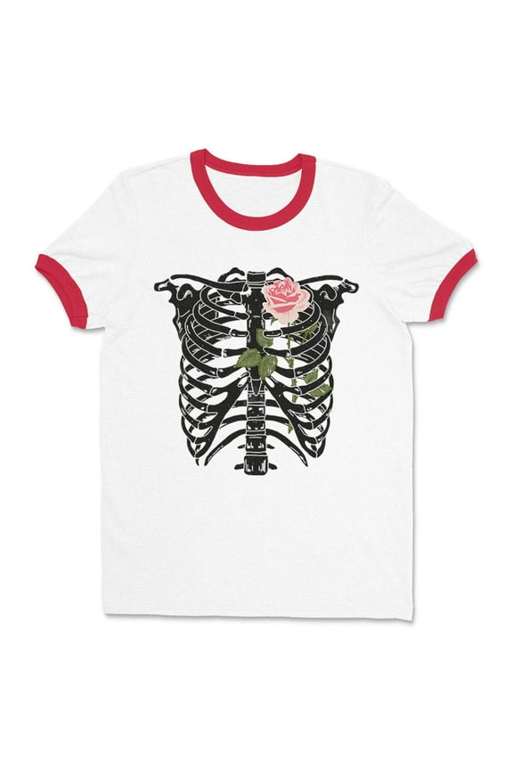 Skeleton Rib Cage Ringer Tee Shirt Unisex Small White/Red
