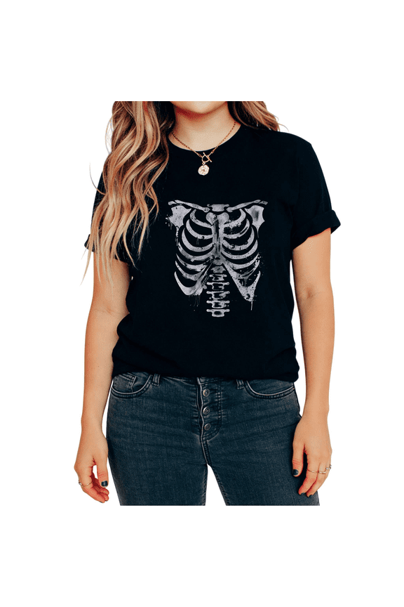 Skeleton Ribcage Graphic Regular Fit Tees T-shirt Retro Splatter Skull Tops Short Sleeve Round Neck Black S-5XL