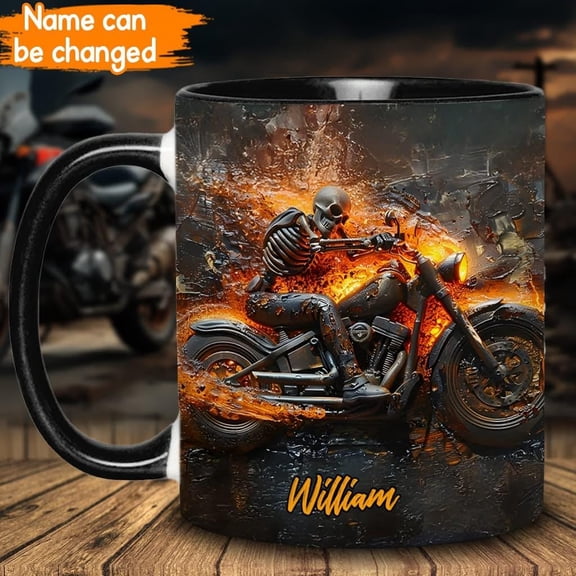 Skeleton Riding Flaming Motorcycle, Personalized Biker Accent Mug, Personalized Skeleton Coffee Mug, Biker Lover Mug, Custom Gifts 2025