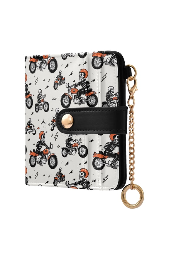 A Skeleton Riding A Motorcycle Small Wallet for Women RFID Blocking Bifold PU Leather Credit Card Holder with Zipper Coin Pocket Compact Cute Travel Purse Magnetic Snap 7 Card Slots