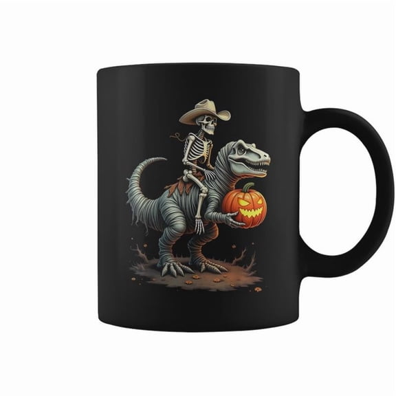 Skeleton Riding Mummy Dinosaur T Rex Halloween Pumpkin Coffee Mugs